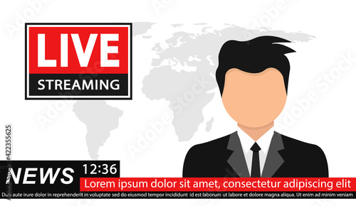 News Anchor on TV Breaking News background. TV studio with broadcaster and world background vector image. Vector illustration. Flat design. EPS 10