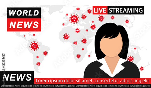 Pandemic news. News Anchor on TV Breaking News background on the topic of coronavirus. TV studio with broadcaster and world background covid-19 image. Vector illustration. Flat design. EPS 10