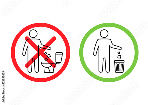 Do not litter in the toilet. Toilet no trash. Keeping the clean. Please do not flush paper towels, sanitary products, icons. Forbidden icon. Throwing garbage in a bin. Vector