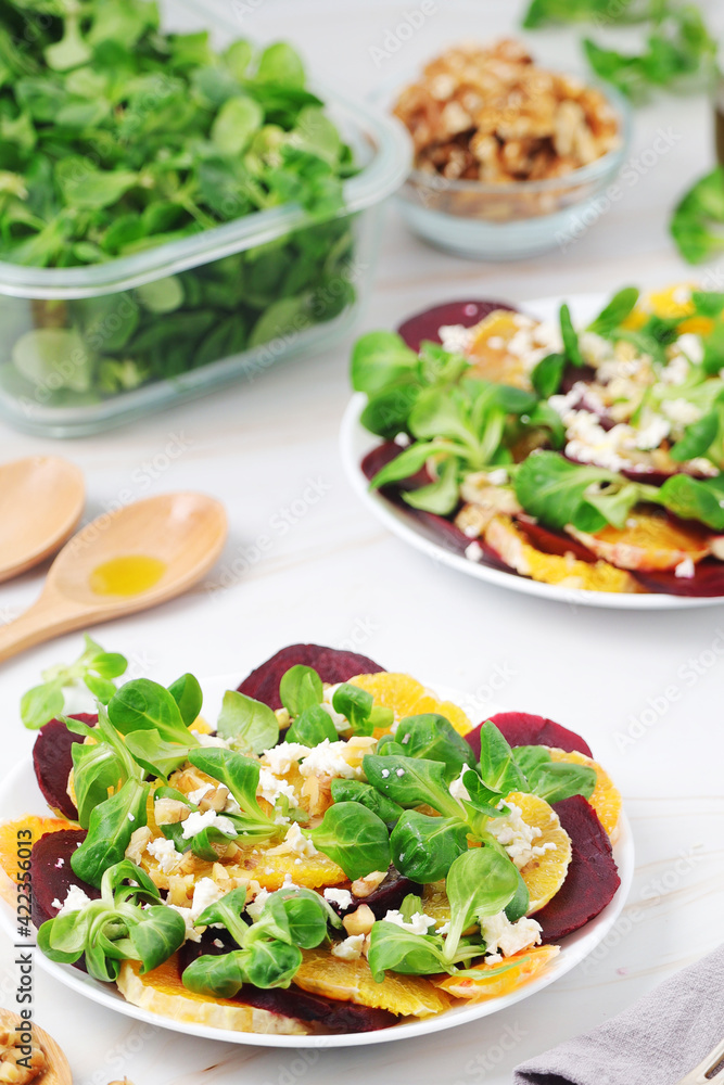 Beetroot and oranges fresh vegetarian salad