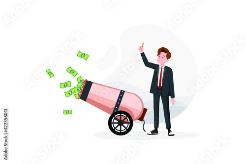 Businessman is setting on fire the cannon to fly money out of it . Vector, illustration