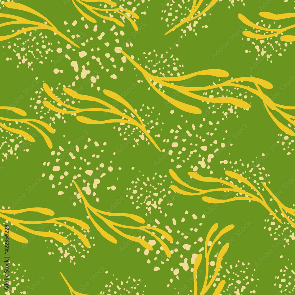 Botanic floral seamless pattern with random yellow branches print. Green background with splashes. Botanic floral seamless pattern with random yellow branches print. Green background with splashes.
