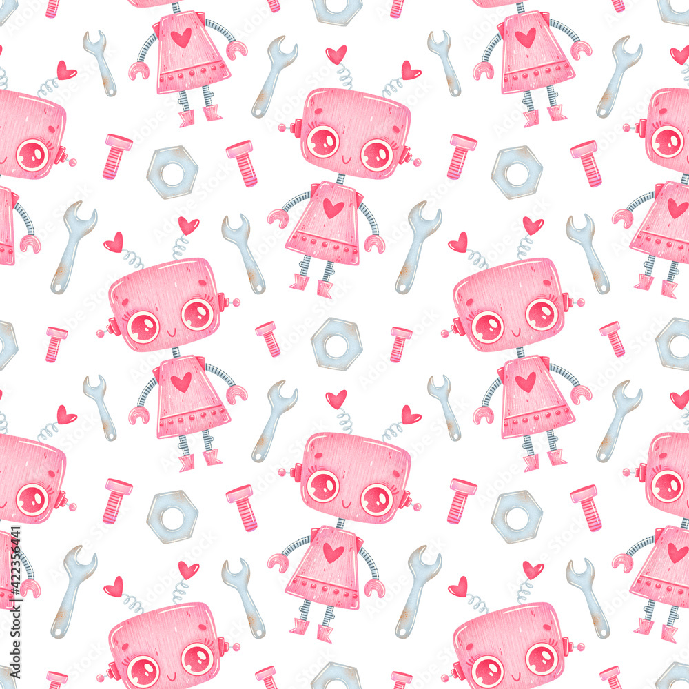 Cute cartoon pink robot girl seamless pattern