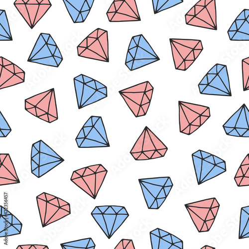 Vector seamless psttern with hand drawn cute diamonds on white background