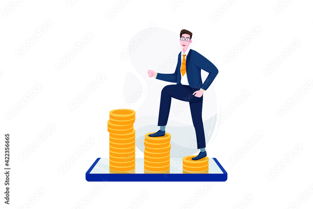 Businessman going up large coins displayed on phone Businessman going up large coins displayed on phone