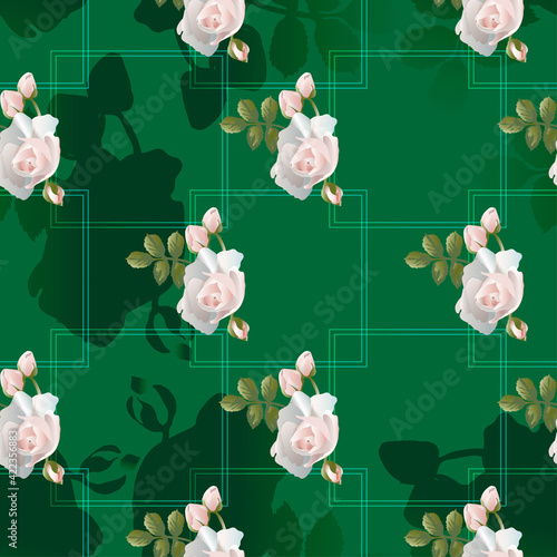 ector seamless floral pattern for design of textile, wallpaper, wrapping paper. Rose flower with leaves and buds, on a green background for design of scarf, shawl, hijab.