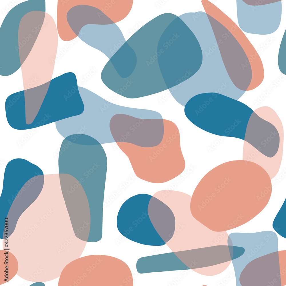 Seamless pattern with creative elements of blue, light blue, and dusty pink on a white background. Abstract colored spots. Colorful background, hand drawn illustration. For printing on fabric.