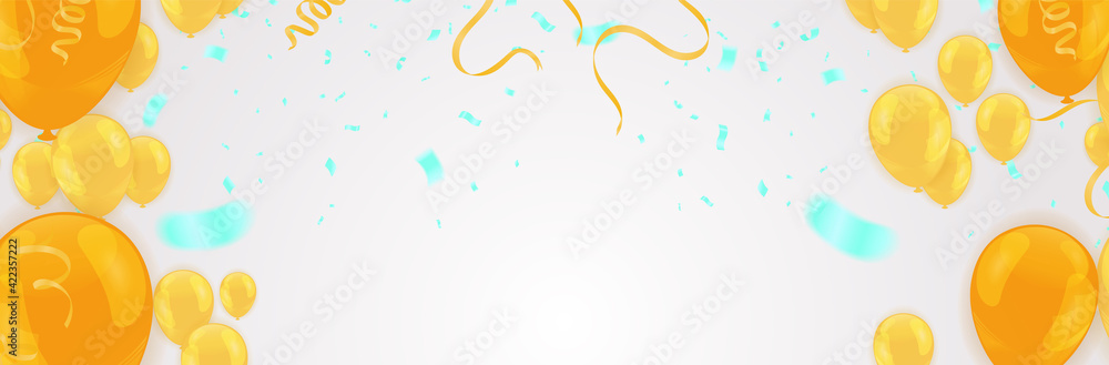 Fototapeta premium Vector party balloons gold illustration. Confetti and ribbons flag ribbons, Celebration background template