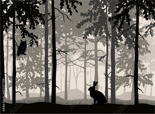Owl sit on branch of tree, hare in grass, forest background, silhouettes of trees. Magical misty landscape. Illustrati