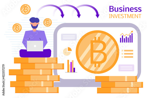 Cryptocurrency exchange and business investment concept illustration. Man with laptop, the screen of monitor with bitcoin and graphs. Multicurrency wallet. Vector illustration. Trading online.