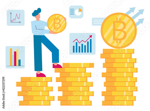 Bitcoin Blockchain cryptocurrency concept. A man walking up gold coins, graphs on white background. Business, finance and trade. Business investment.