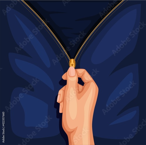 Hand open zip clothing. jeans or jacket symbol concept in cartoon illustration vector