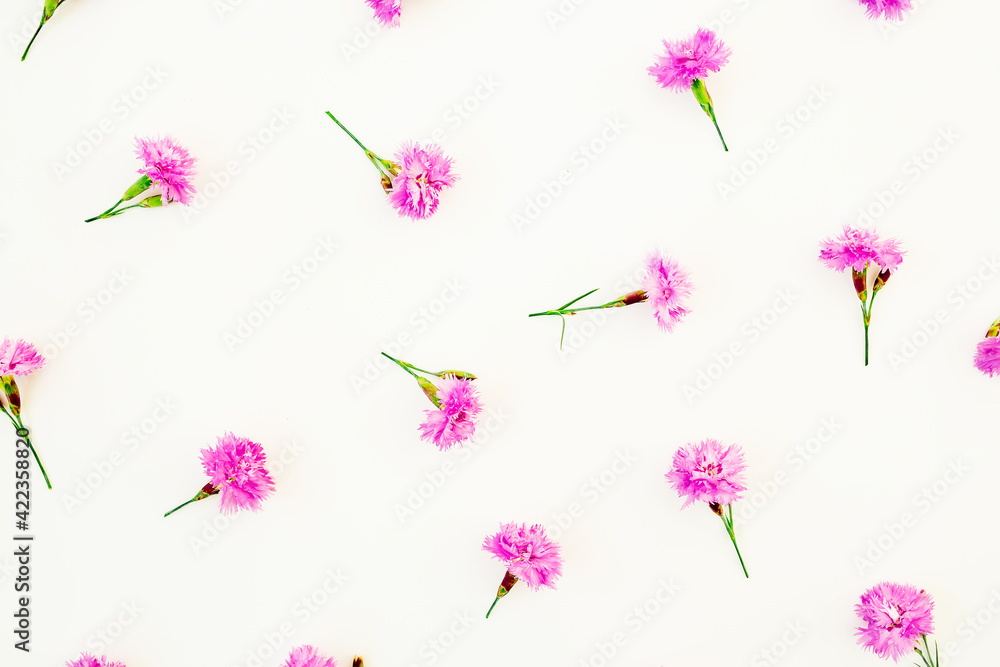 Obraz premium Floral composition with pink flowers on white background. Flat lay