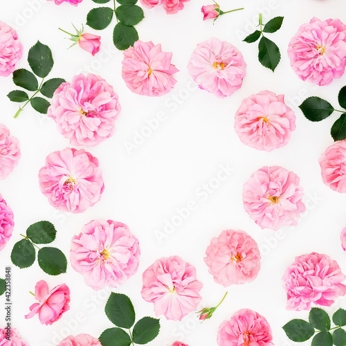 Fototapeta Naklejka Na Ścianę i Meble -  Floral frame of pink roses on white background. Flat lay