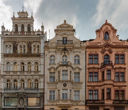 view of the tenement house architecture on the square in the old town of Pilsen