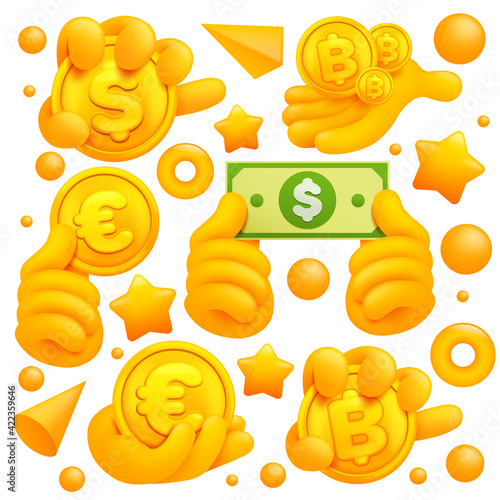 Set of yellow emoji hand icons and symbols. Dollar, euro bitcoin golden coins signs