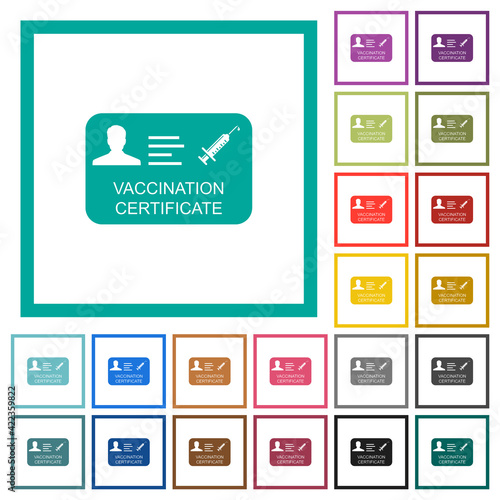 Vaccination certificate flat color icons with quadrant frames