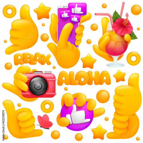 Set of yellow emoji hand icons and symbols. Smartphone, tropical cocktail, camera, shaka signs.