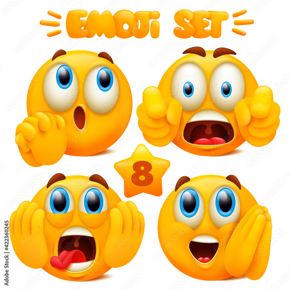 Set of yellow emoji cartoon characters with different facial expressions in  glossy 3D realistic style isolated in white background. Stock Vector |  Adobe Stock