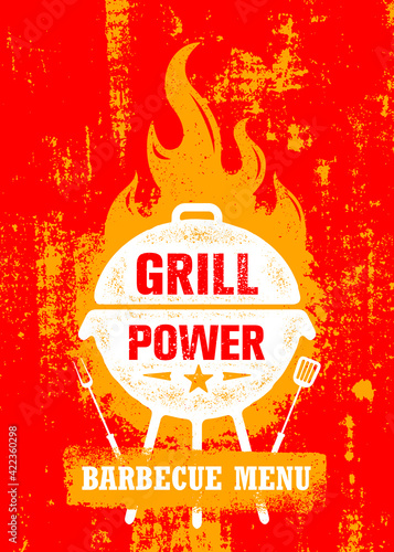 Grill Power Barbecue Menu. Outdoor Charcoal Restaurant and BBQ Vector Design Element On Rough Background. Hot Fire Flame Illustration on Grunge Wall