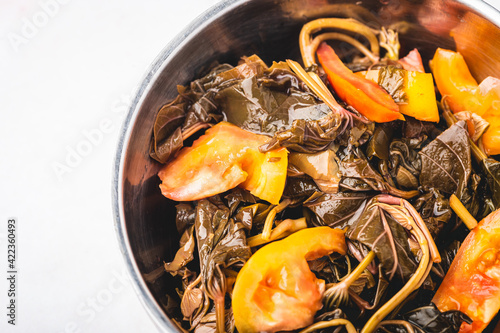 Ensaladang Talbos ng Kamote ( Close Up)- Sweet Potato Leaves Salad (flat lay) photo