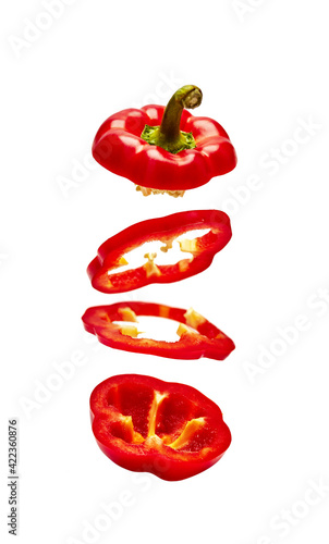 red bell pepper levitation isolate on white background