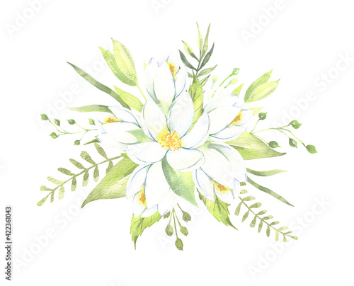 Watercolor floral illustration - leaves and branches bouquet with white flowers and leaves for wedding stationary, greetings, wallpapers, background. Roses, green leaves. . High quality illustration © Olesya Frolova