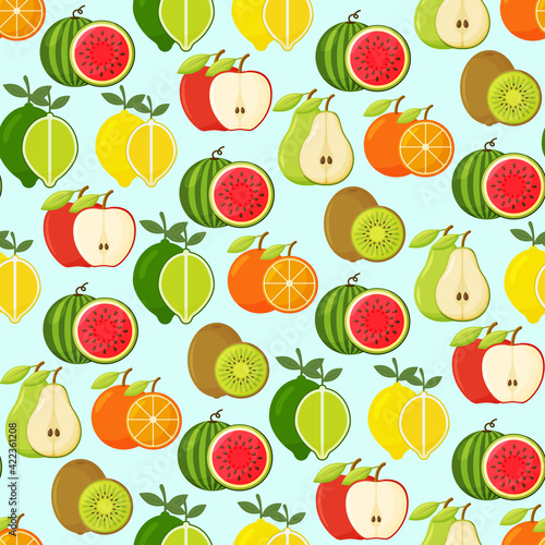 Seamless pattern with lemon  orange  lime  kiwi  apple  pear  watermelon. Vector fruity background.