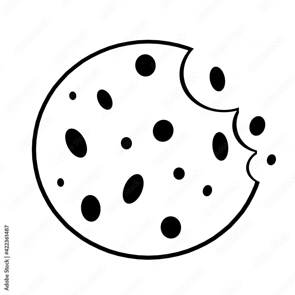 Chocolate chip cookie a bite taken. Homemade choco chip cookies with chocolate crisps isolated on white background. Bitten, broken, cookie crumbs. Illustration in doodle style. Sweet food. Biscuit