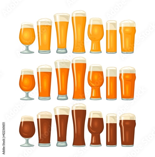Glass with different types beer - lager, ale, stout. Vintage color flat illustration