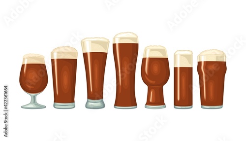 Different types beer glasses. Vector color flat icon