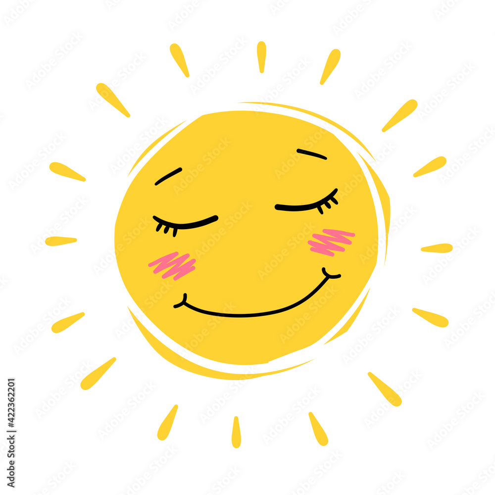 Cute sun. Element of summer and nature. Yellow warm object. Cartoon illustration. Children drawing. Heat and hot with funny face. Cute sun. Element of summer and nature. Yellow warm object. Cartoon illustration. Children drawing. Heat and hot with funny face.