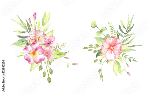 Watercolor floral illustration - leaves and branches bouquets with pink flowers and leaves for wedding stationary  greetings  wallpapers  background. Roses  green leaves. . High quality illustration