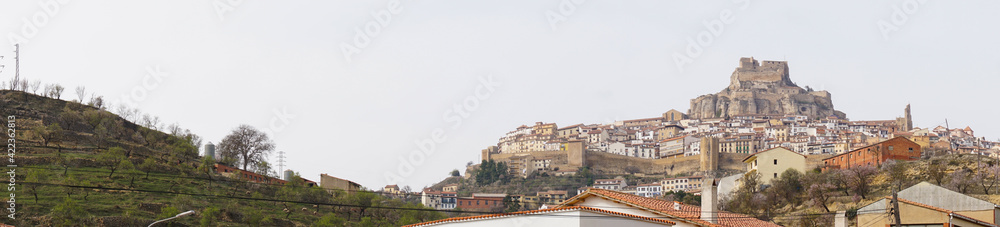 panaroma cityscape view of the historic hilltop coty of Morella in central Spain