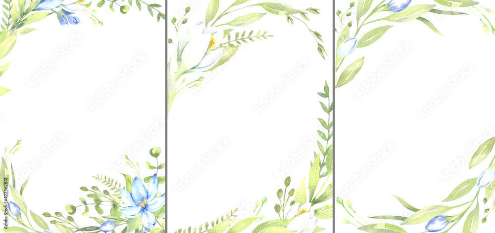 Watercolor floral illustration - leaves and branches frame with flowers and leaves for wedding stationary, greetings, wallpapers, background. Roses, green leaves. . High quality illustration