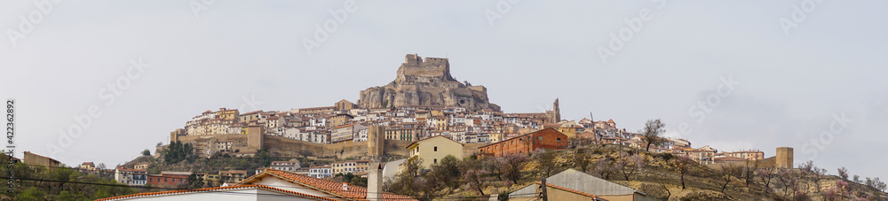 panaroma cityscape view of the historic hilltop coty of Morella in central Spain