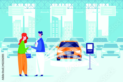 Salesperson showing vehicle to potential customer in dealership