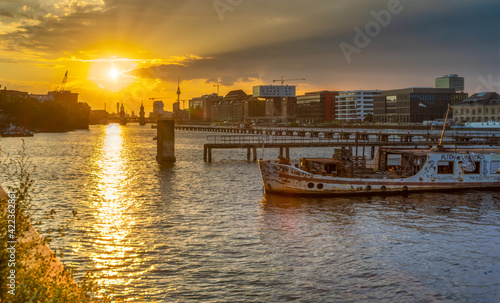 panoramic view over the river Spree during sunset