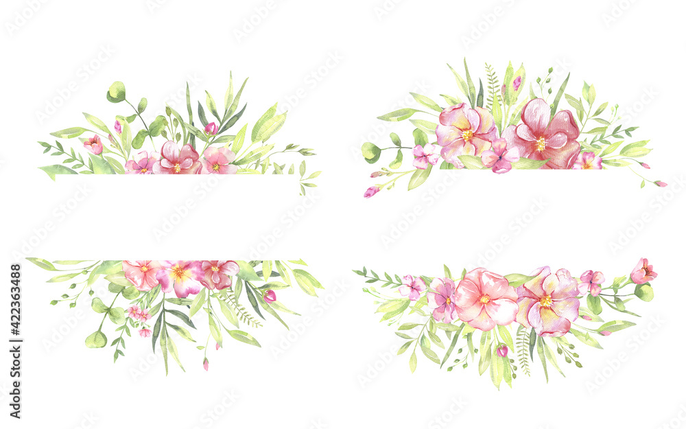 Watercolor floral illustration - leaves and branches frame with flowers and leaves for wedding stationary, greetings, wallpapers, background. Roses, green leaves. . High quality illustration