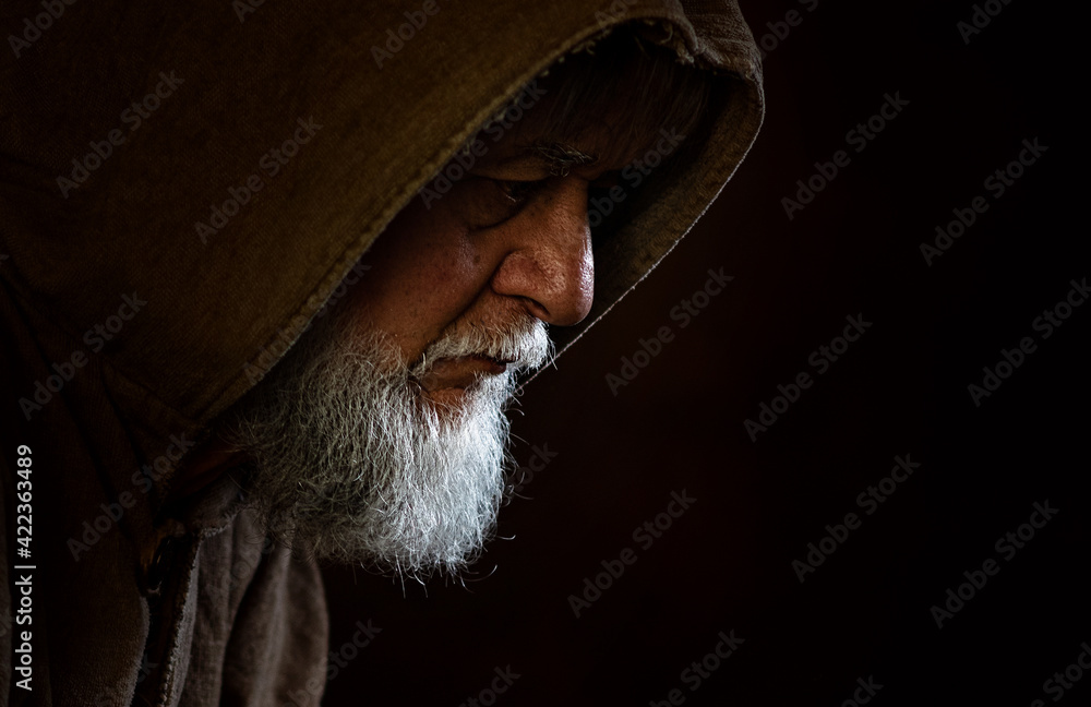 Medieval old face of a monk - obrazy, fototapety, plakaty 