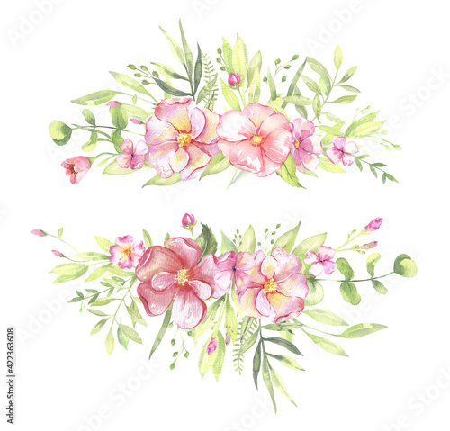 Watercolor floral illustration - leaves and branches bouquets with pink flowers and leaves for wedding stationary, greetings, wallpapers, background. Roses, green leaves. . High quality illustration © Olesya Frolova