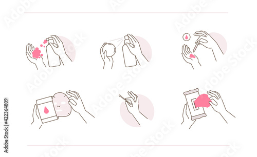 Beauty Girl Hands Holding Containers and Bottles with Skincare Products. Facial Cleanser, Serum, Sheet Mask and other Facial Hygienic Cosmetics. Flat Line Vector Illustration and Icons set.