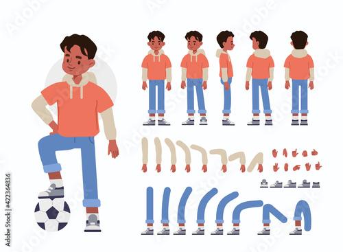 Little Boy Character Constructor for Animation.  Front, Side and Back View. Cute Kid wearing Sporty Clothes in Different Postures. Body Parts Collection. Flat Cartoon Vector Illustration.