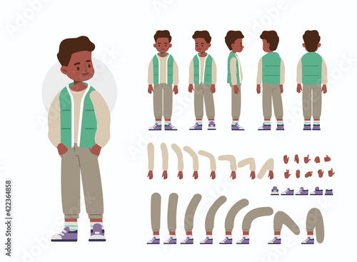 Little Boy Character Constructor for Animation.  Front, Side and Back View. Cute Kid wearing Sleeveless Jacket in Different Postures. Body Parts Collection. Flat Cartoon Vector Illustration.