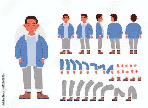 Little Boy Character Constructor for Animation.  Front, Side and Back View. Cute Kid wearing Bomber Jacket in Different Postures. Body Parts Collection. Flat Cartoon Vector Illustration.
