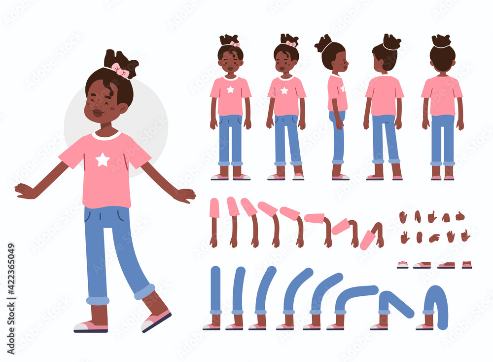 Little Girl Character Constructor for Animation.  Front, Side and Back View. Cute Kid wearing Trendy Jeans and T-shirt in Different Postures. Body Parts Collection. Flat Cartoon Vector Illustration. - obrazy, fototapety, plakaty 