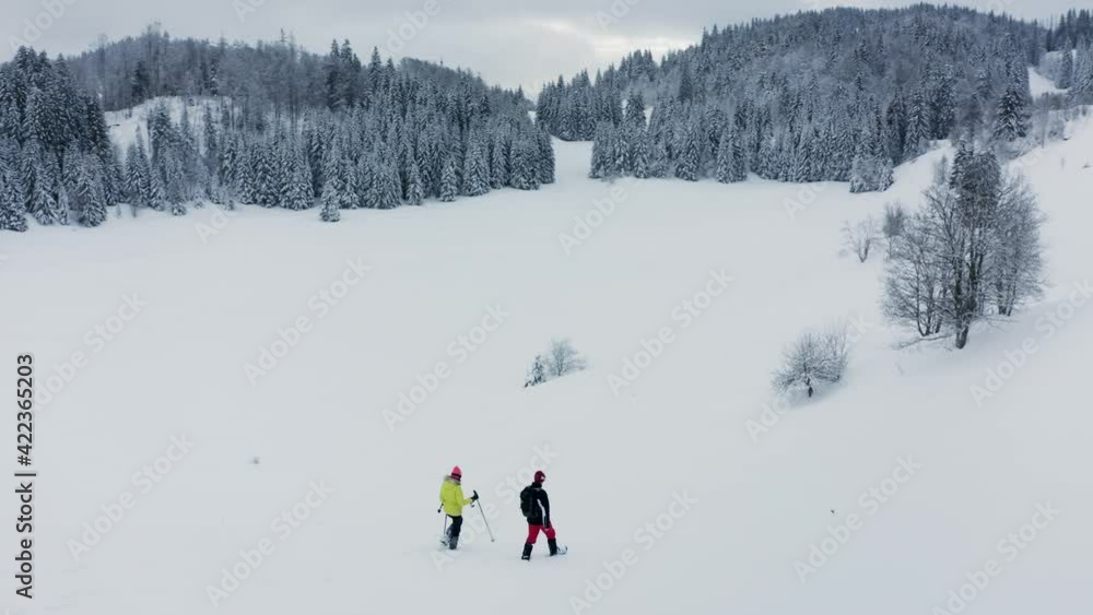 Aerial view of a couple doing cross country ski during a cloudy day in mountain with snow in Onnion, Auvergne-Rhone Alpes region, France. Aerial view of a couple doing cross country ski during a cloudy day in mountain with snow in Onnion, Auvergne-Rhone Alpes region, France.