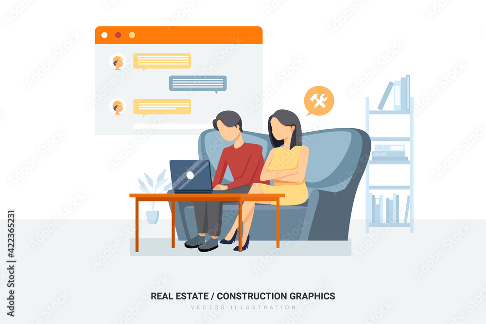Buyers sending a message to a real estate agent or construction worker Buyers sending a message to a real estate agent or construction worker