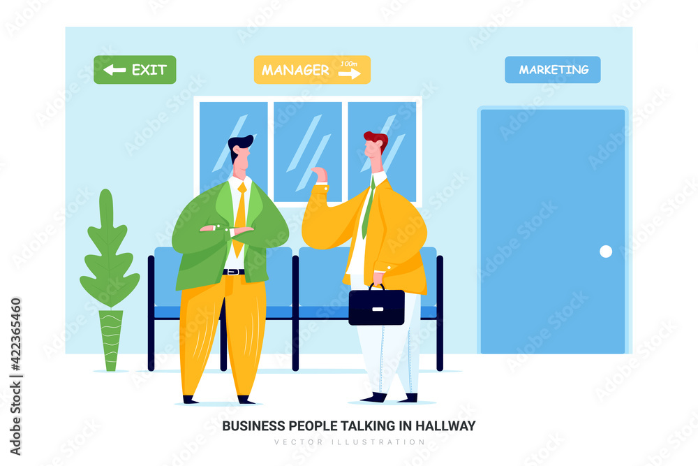 Business People Talking in Hallway Vector Illustration concept. Business People Talking in Hallway Vector Illustration concept.