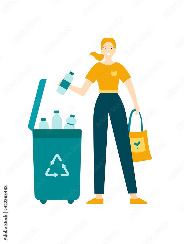 Girl with grocery eco bag is sorting waste, plastic bottles. Save the planet. Zero waste. Eco lifestyle. Isolated on white. Garbage container. Girl with grocery eco bag is sorting waste, plastic bottles. Save the planet. Zero waste. Eco lifestyle. Isolated on white. Garbage container.